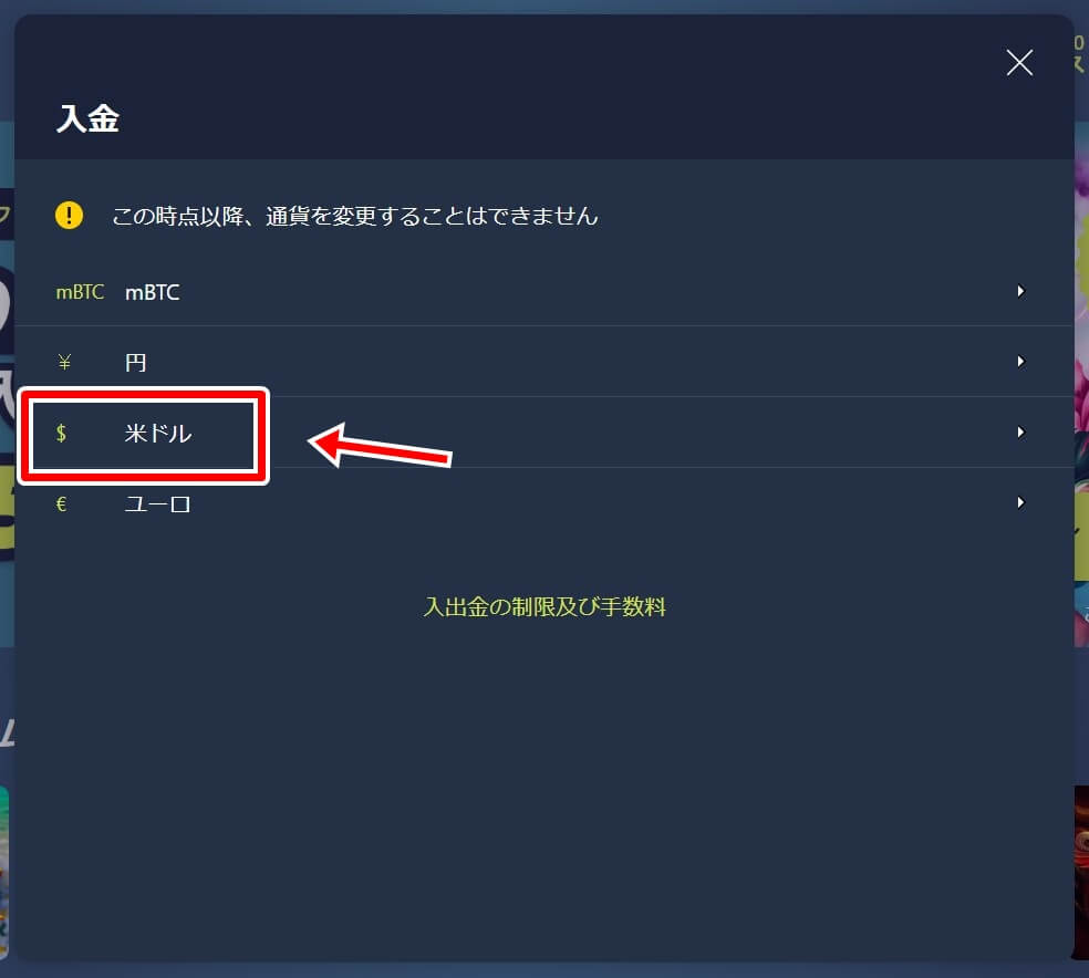 カジノインの通貨選択画面