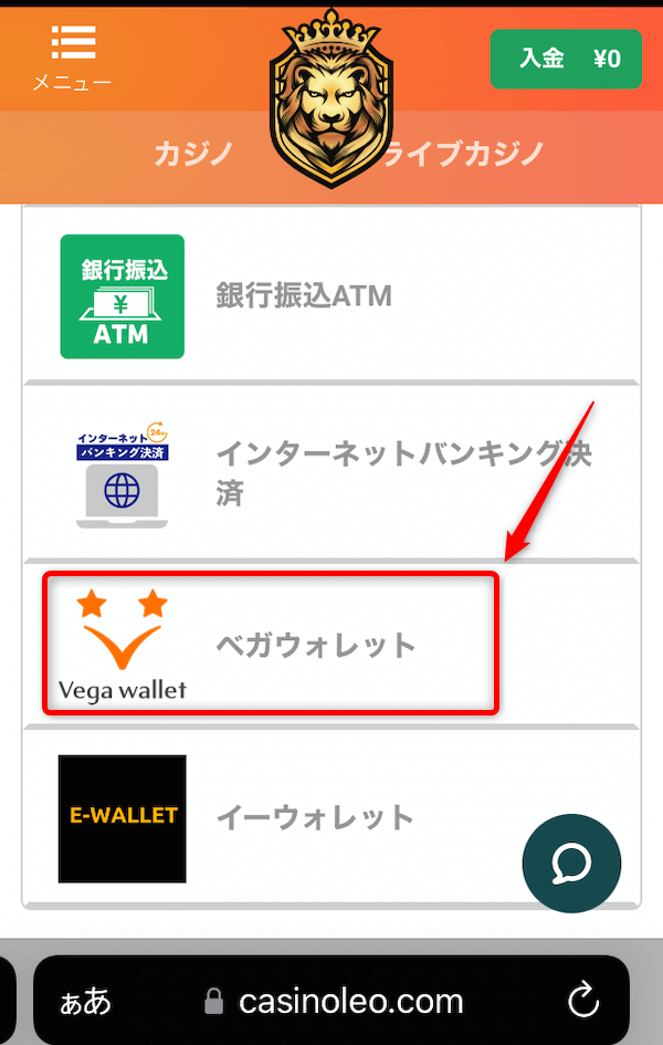 カジノレオ 入金方法の選択