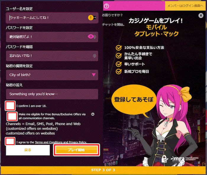 ラッキーニッキー「ユーザー名・パスワードなどを入力」