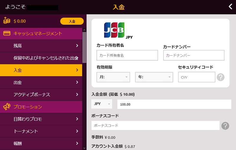 ラッキーニッキー カード情報の入力