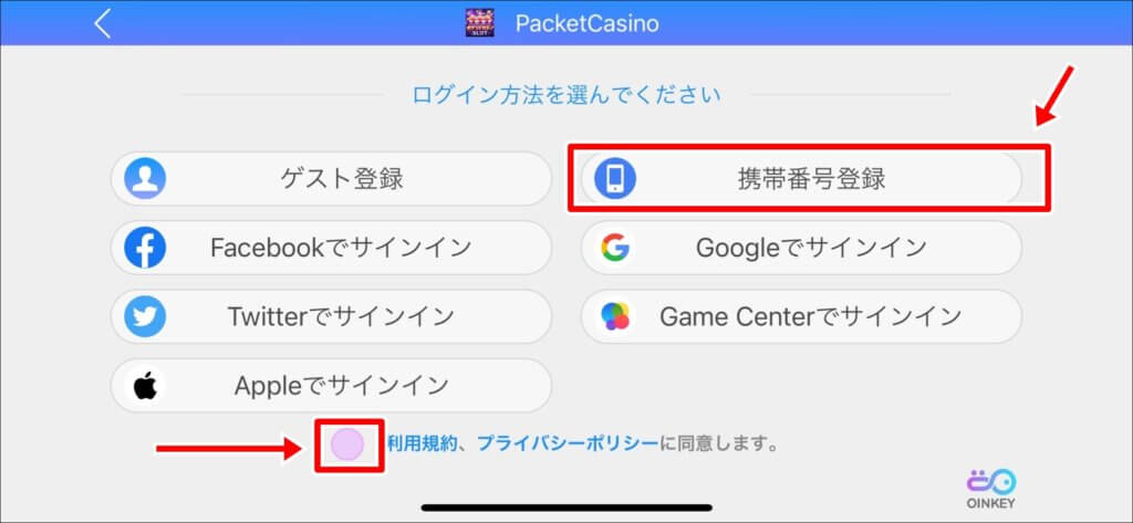 ポケットカジノ ログイン方法選択