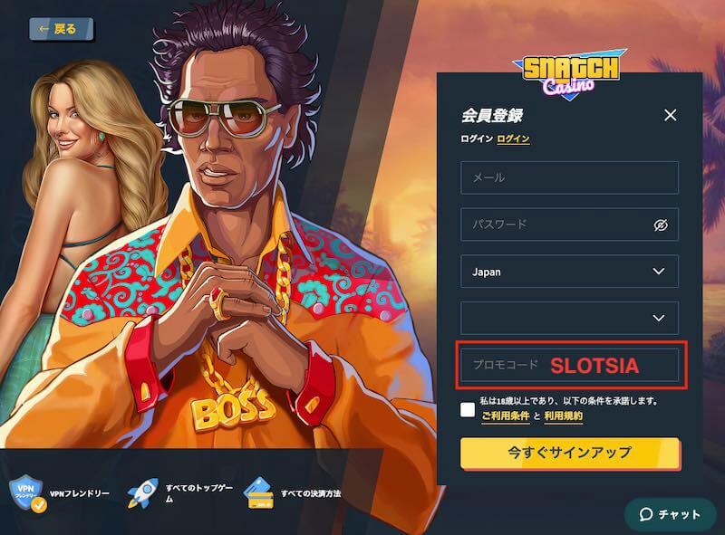 スナッチカジノプロモコード入力画面