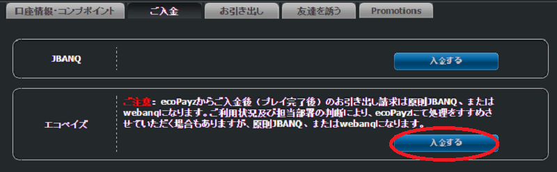 ワイルドジャングルカジノエコペイズを選択して入金する画面