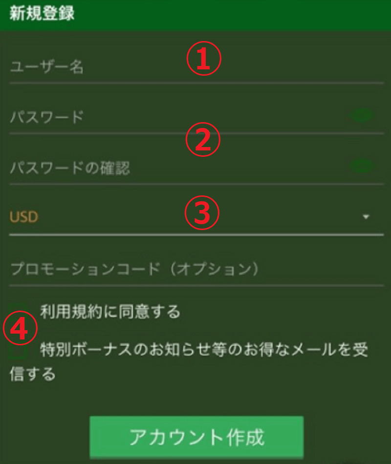 ワイルドジャングルカジノの新規登録画面